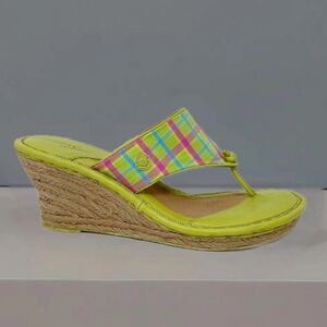 Born Drilles Green Plaid Wedge Leather Sandals 9